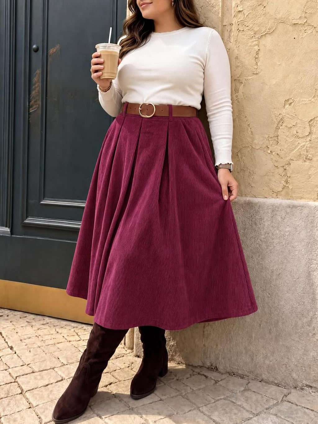 Beautife Womens Plus Size Corduroy A-Line Pleated Skirt with Pockets