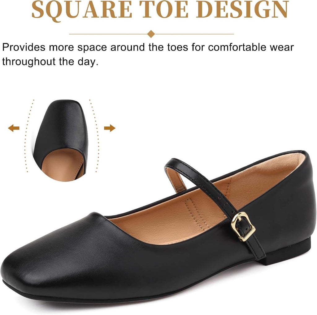 Womens Ballet Flats Mary Jane Shoes Square Toe Adjustable Strap Dress Shoes