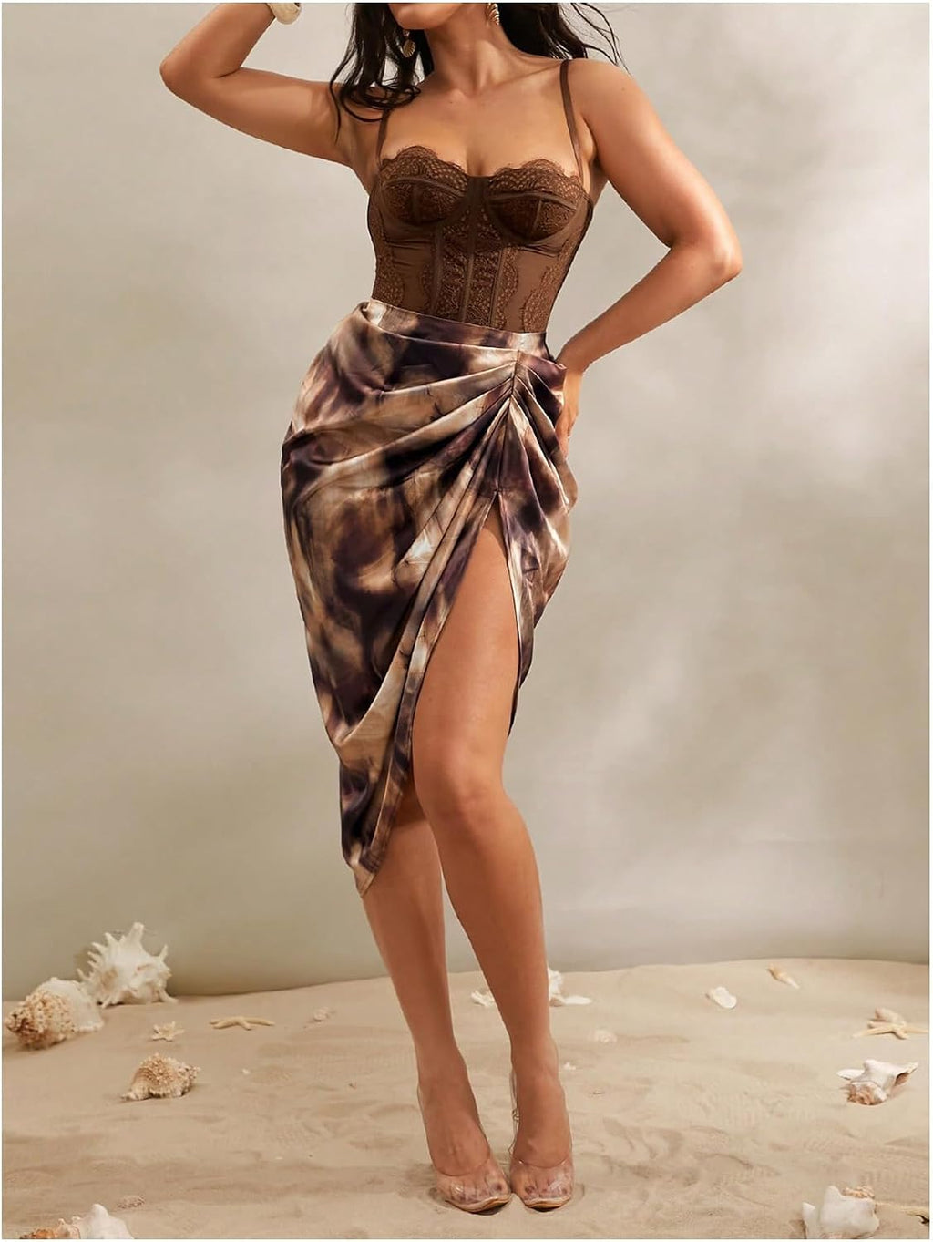 WDIRARA Women's Split Front Satin Skirts High Waist Ruched Wrap Skirt