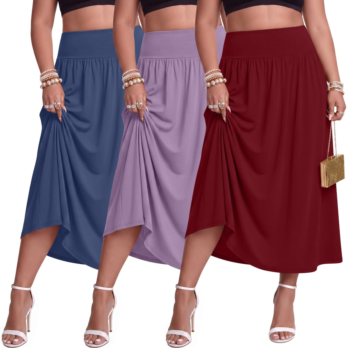 Ficerd 3 Pack Women Plus Size Skirts with Pockets