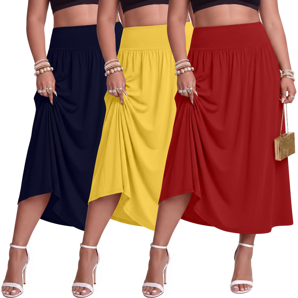 Ficerd 3 Pack Women Plus Size Skirts with Pockets