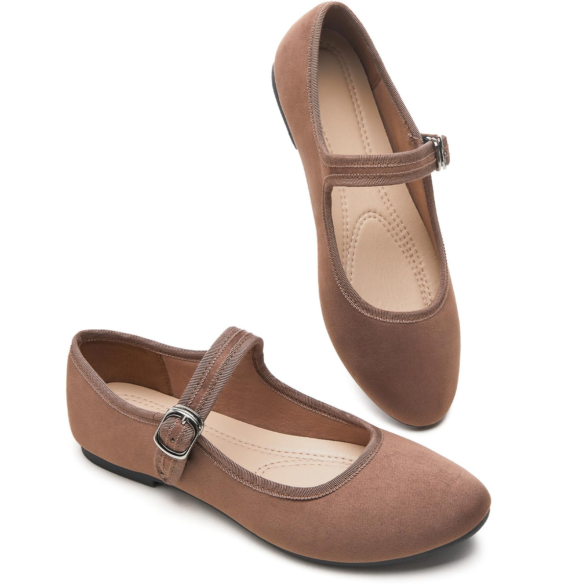 Womens Mary Jane Flats with strap,Faux Suede Black Flats,Casual Dressy Flat