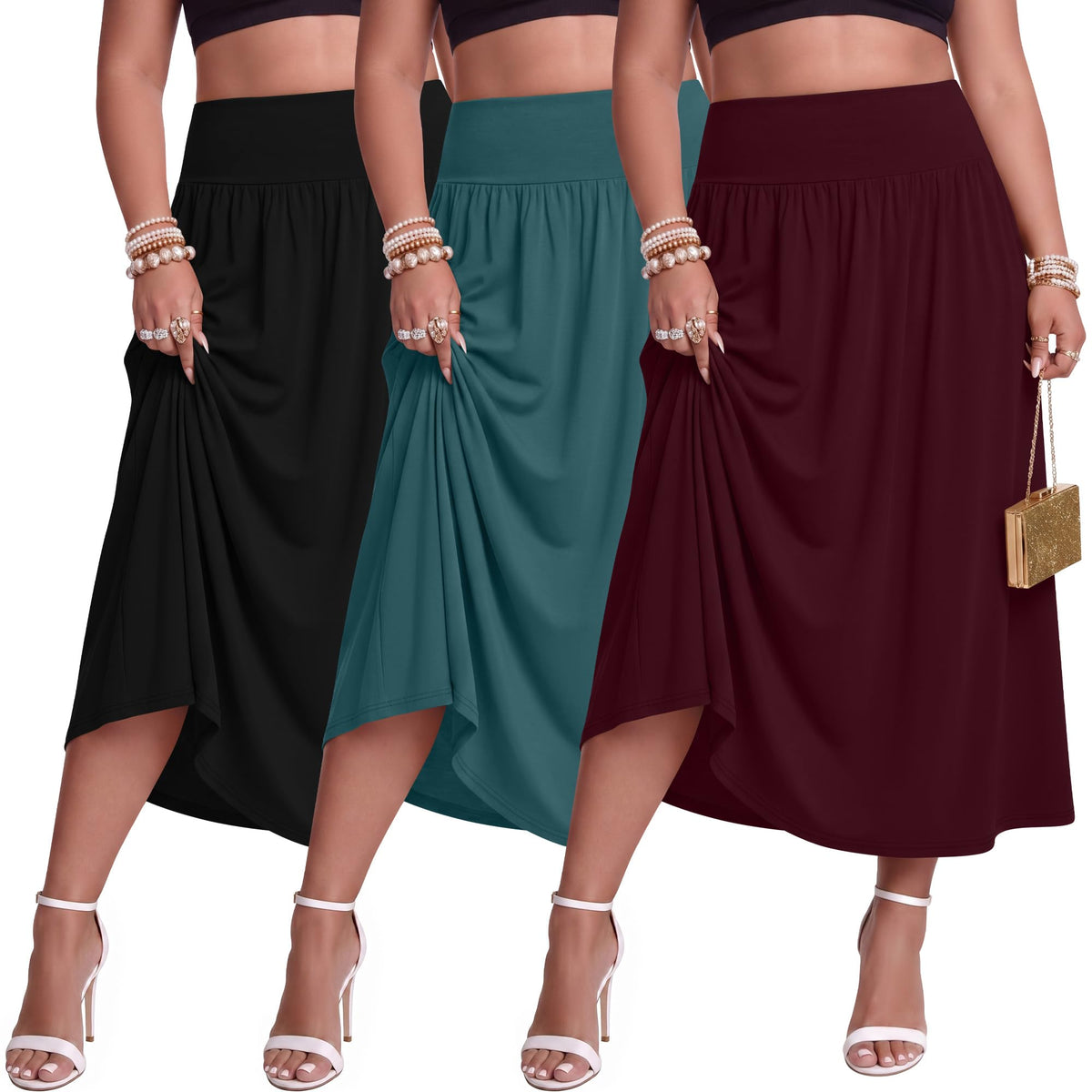 Ficerd 3 Pack Women Plus Size Skirts with Pockets