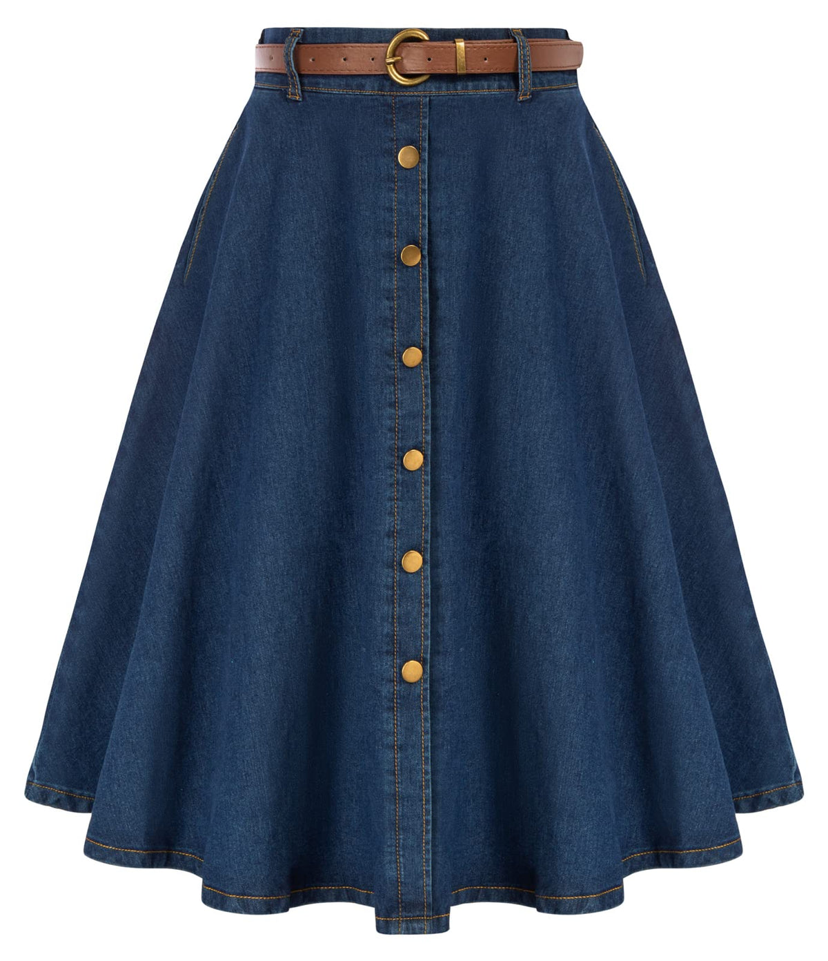 Belle Poque Women's Denim Skirts Vintage Below Knee Length High Waist A-Line Jean Skirts with Pockets