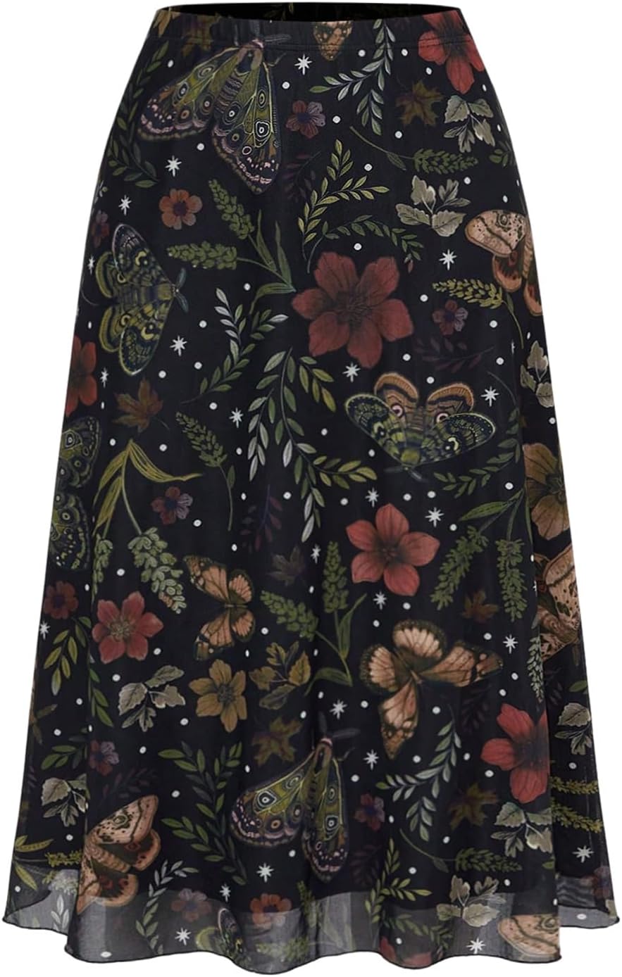 SOLY HUX Women's Plus Size Floral Mesh Midi Skirt A Line Flowy Skirts