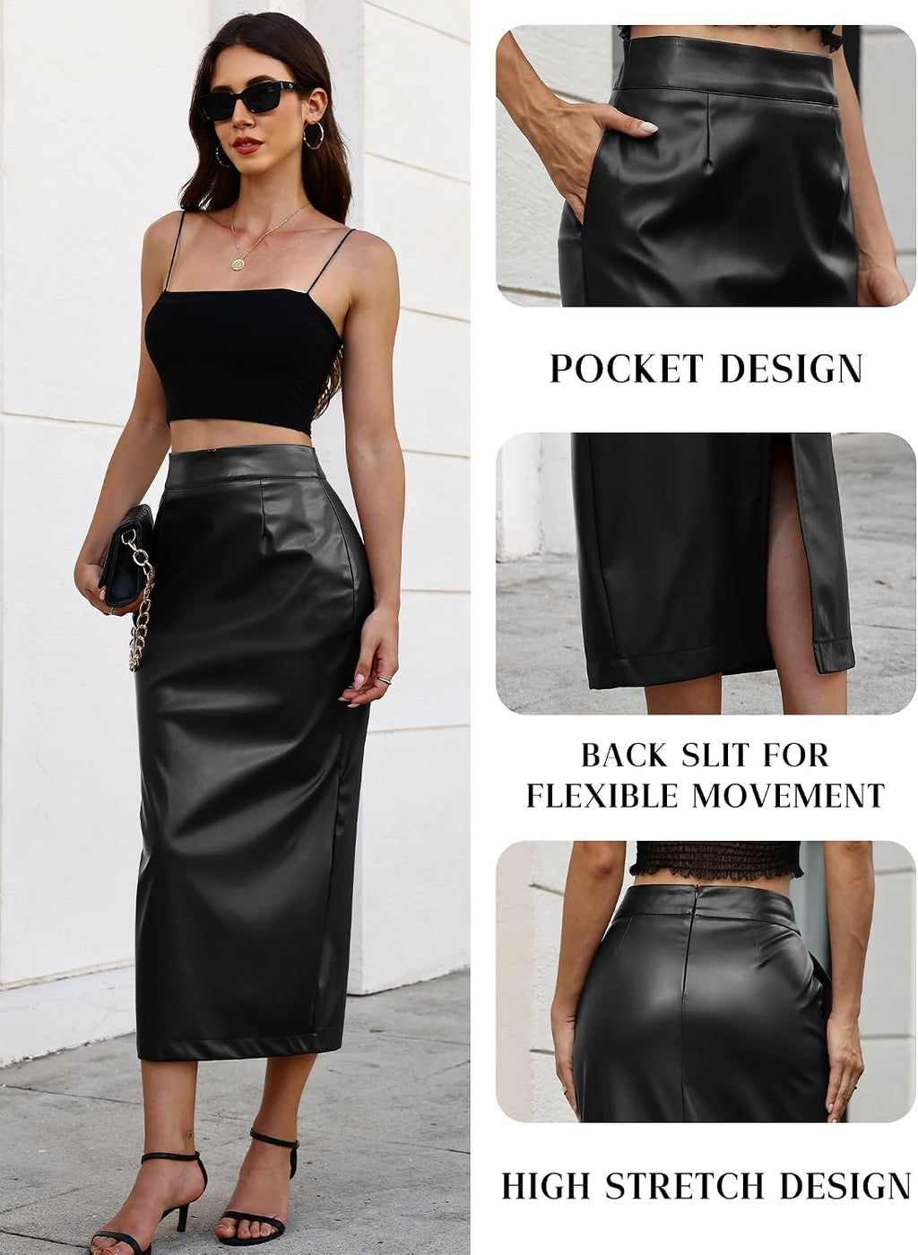 ELLEVEN Stretch Pencil Leather Midi Skirt with Pockets