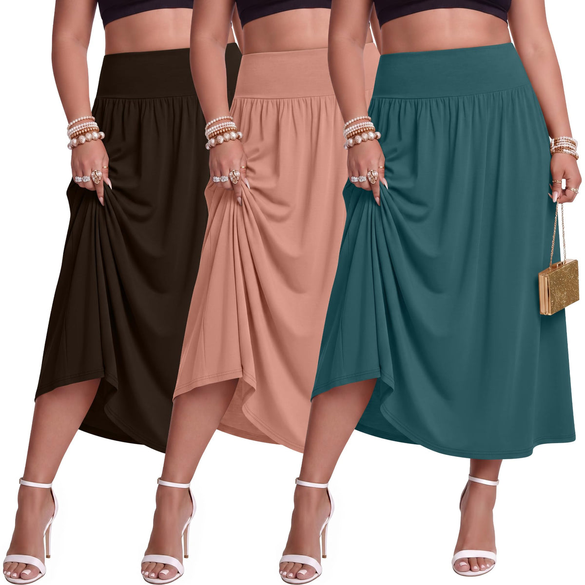 Ficerd 3 Pack Women Plus Size Skirts with Pockets