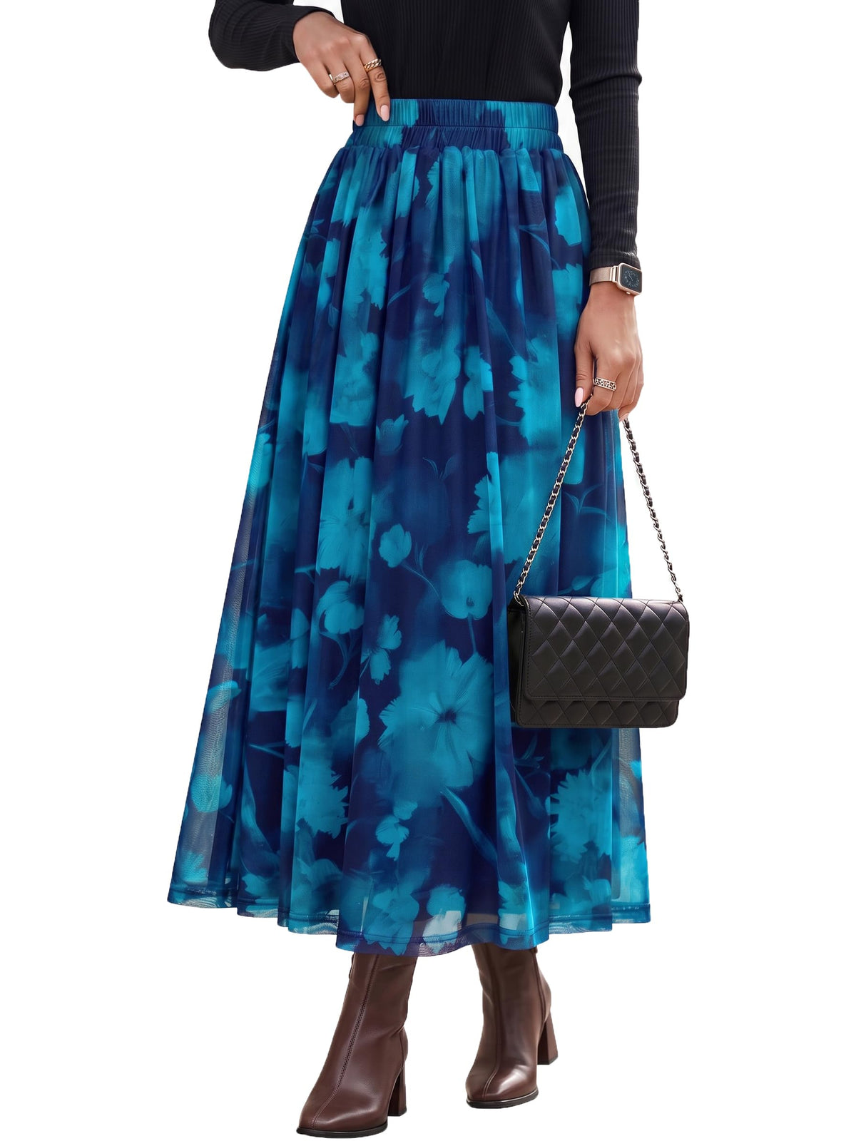 Dokotoo Fall Skirts for Women Elastic High Waist A-line Flowy Long Skirt