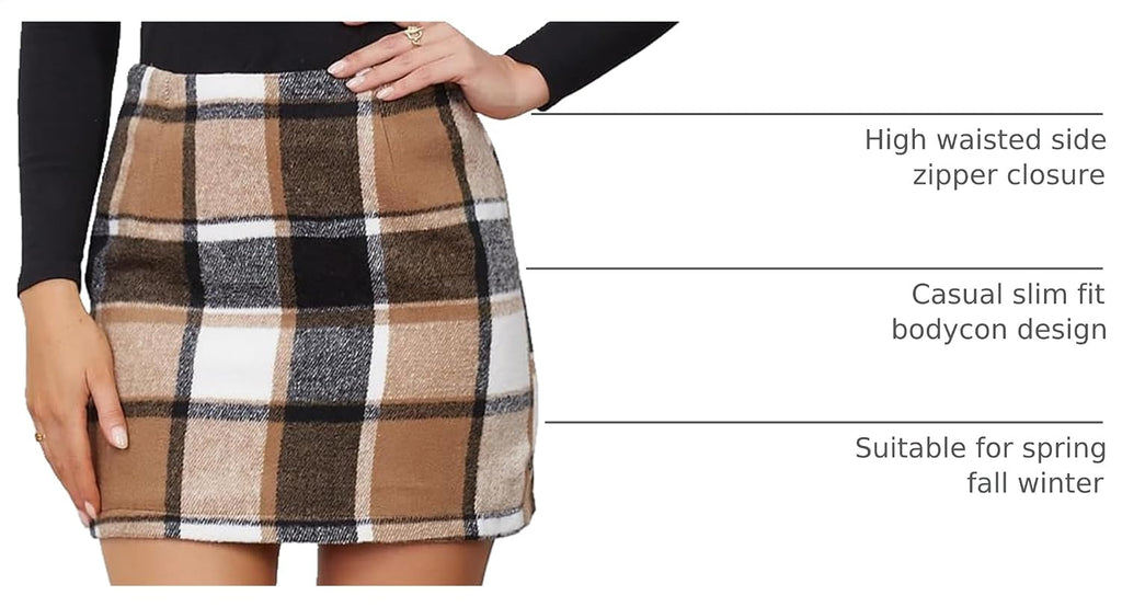 IDEALSANXUN Womens High Waist Plaid Skirt Bodycon Pencil Wool Mini Skirts