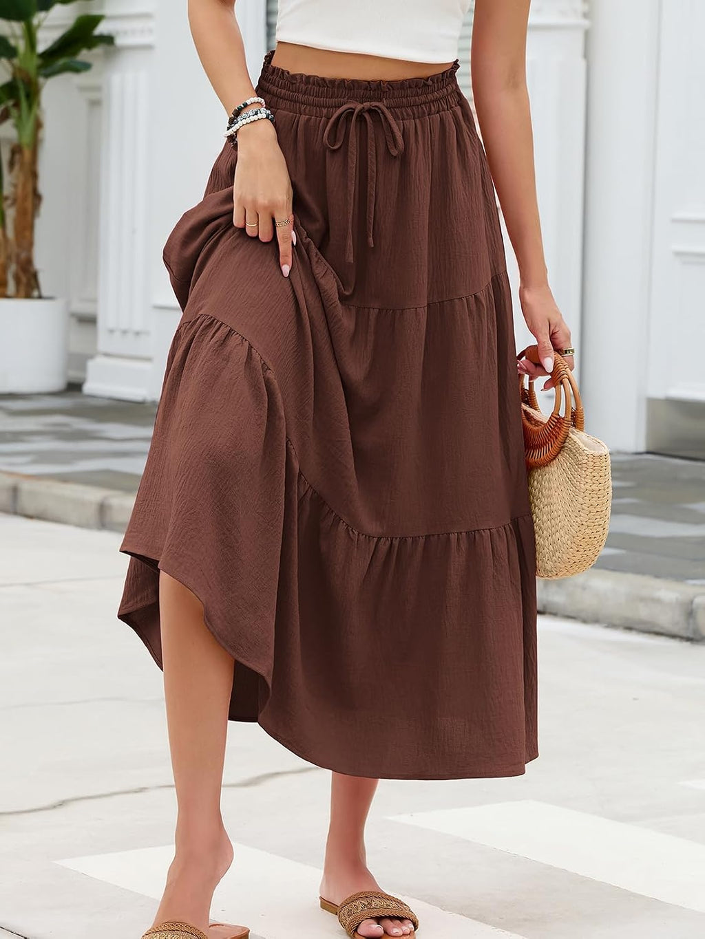 HUSKARY Women's Summer Long Maxi Flowy Tiered High Waist Trendy Ruffle Skirt with Pockets