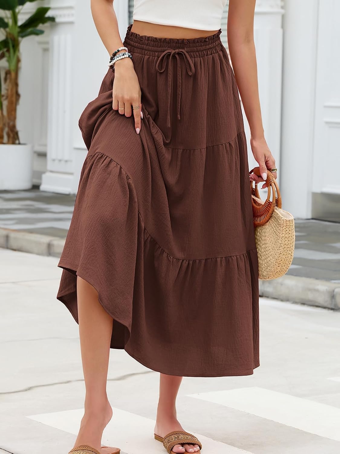 HUSKARY Women's Summer Long Maxi Flowy Tiered High Waist Trendy Ruffle Skirt with Pockets