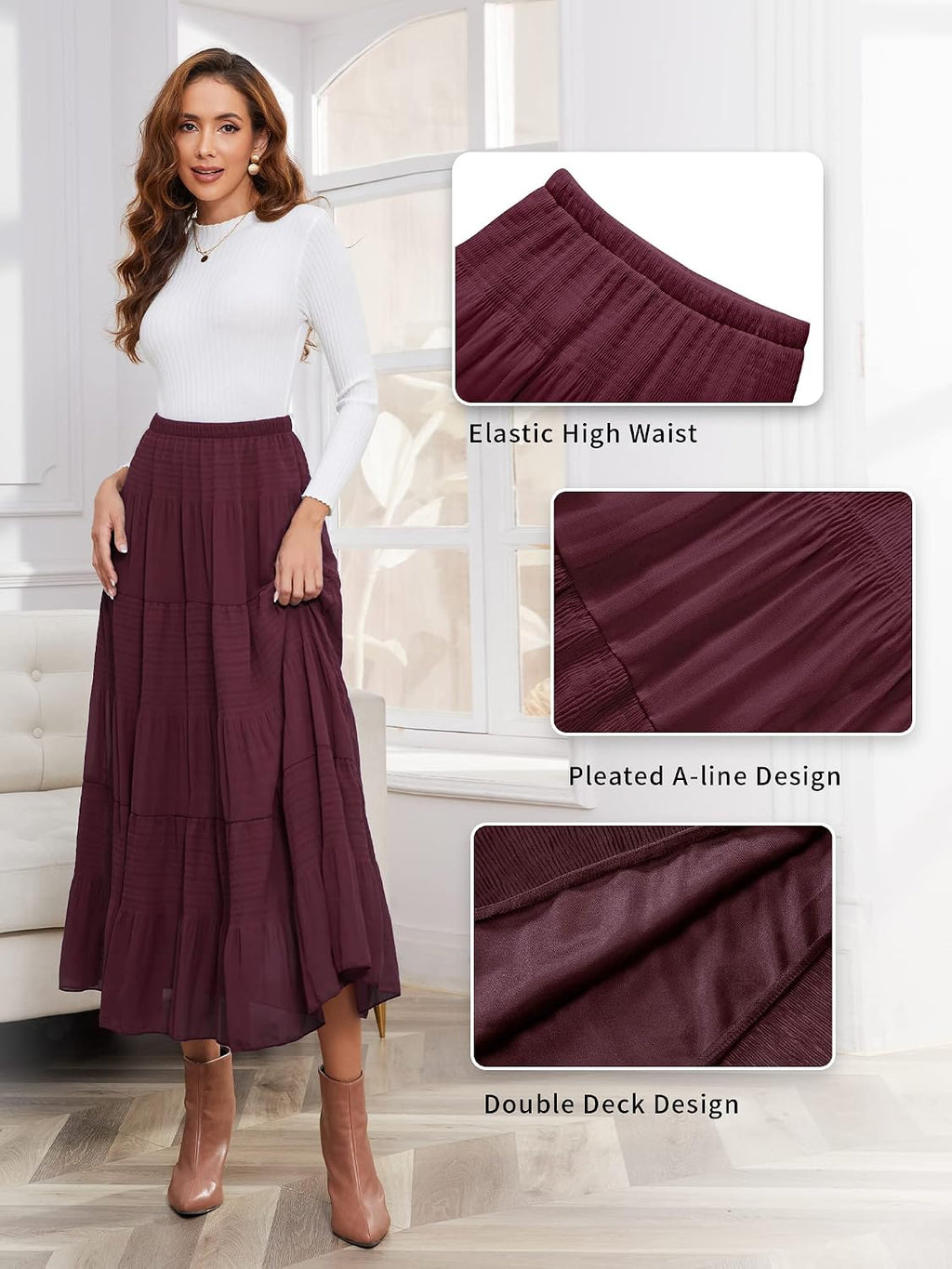 NASHALYLY Women's Chiffon Elastic High Waist Pleated A-Line Maxi Skirts