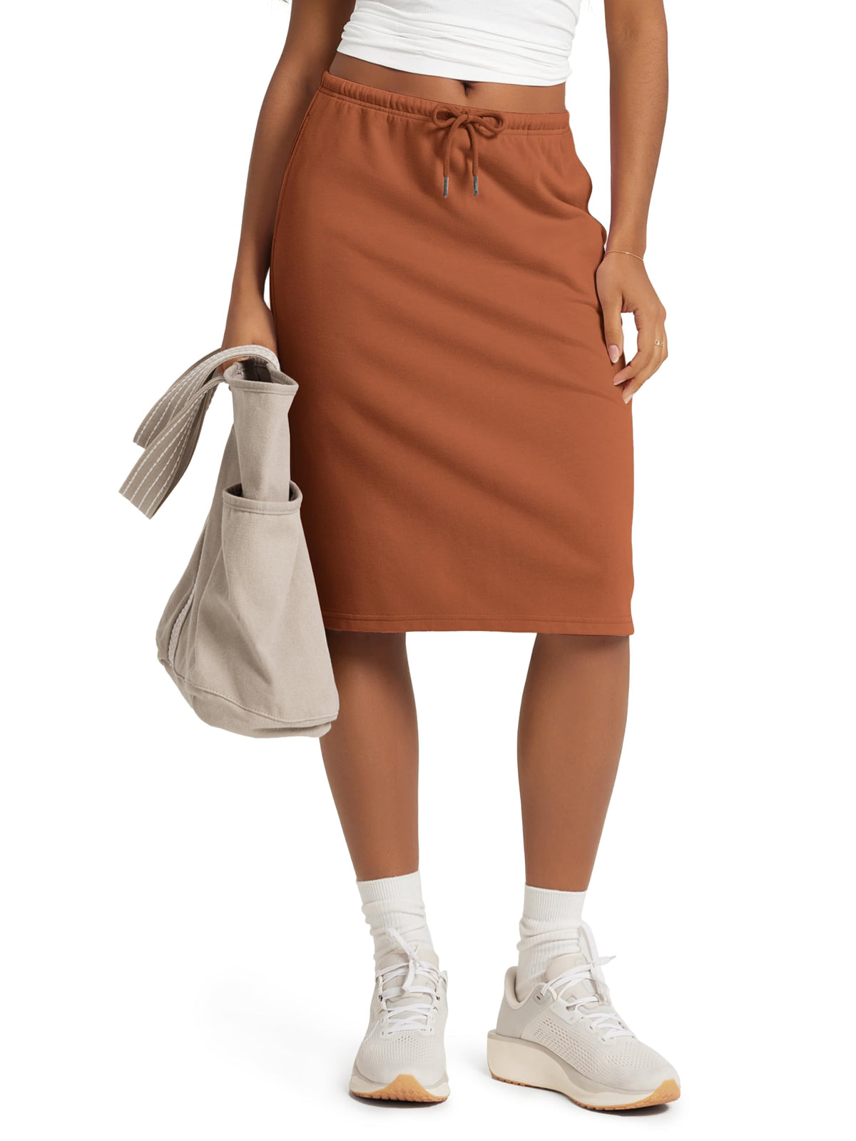 ODODOS Women's Back Split Knee Length Skirt - Cotton French Terry Drawstring Tie High Waist Casual Skirts with Pockets