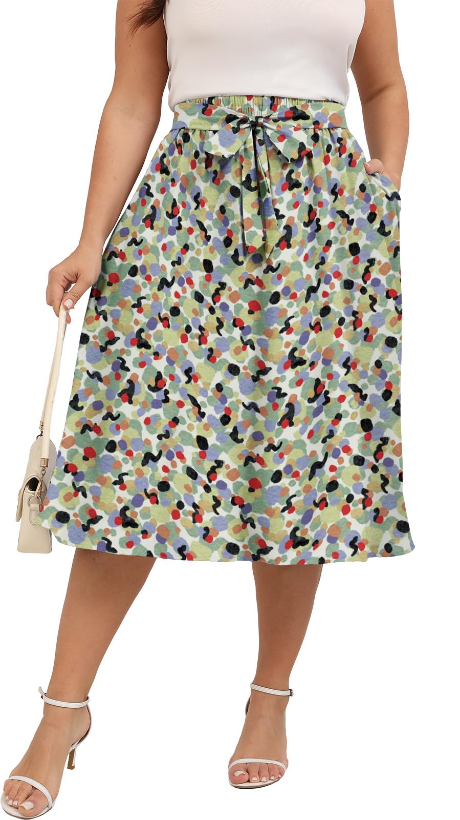 Xpenyo Womens Plus Size Midi Skirts Summer Elastic High Waisted Boho Casual Beach Flowy Swing Knee Length Skirts with Pockets