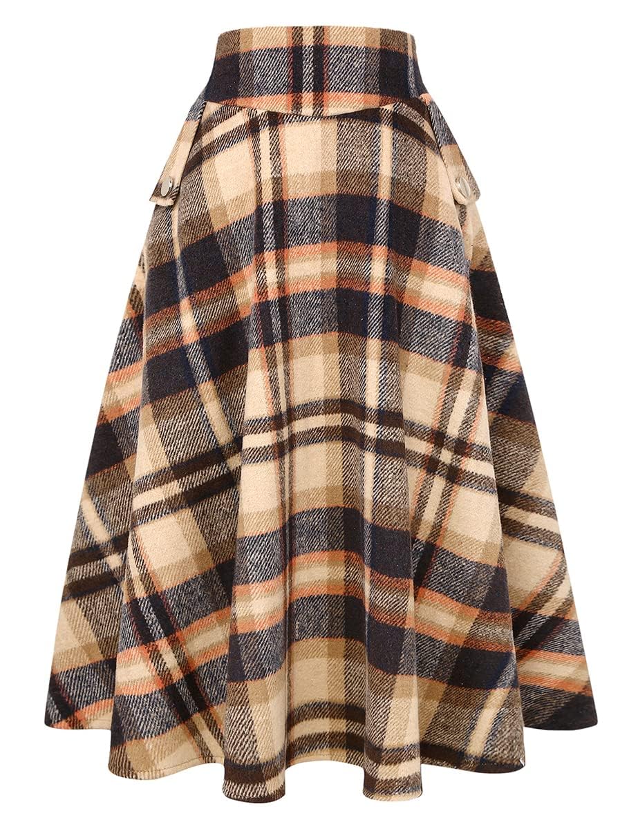 IDEALSANXUN Women’s Fall Winter High Waisted Wool Plaid A-line Long Skirt