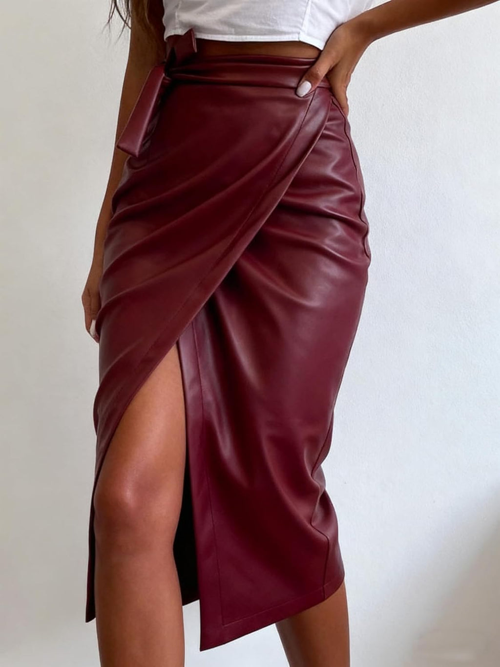 utcoco Womens Faux Leather Wrap Long Skirt Elegant Bodycon Midi Skirt