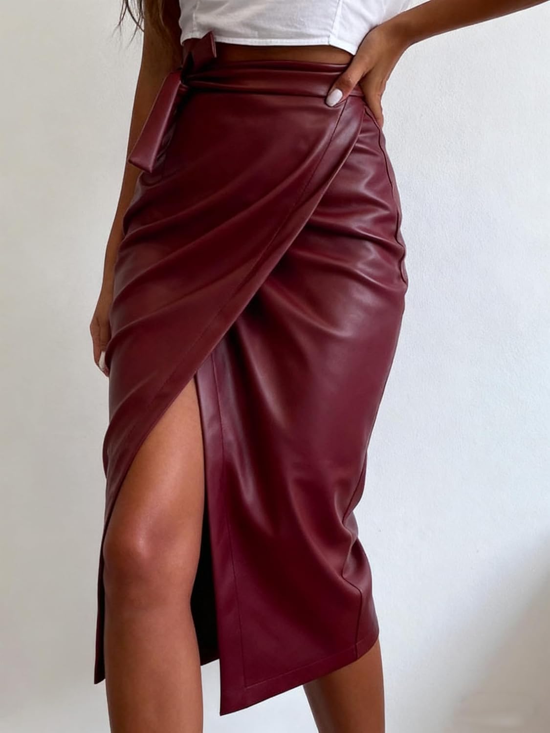 utcoco Womens Faux Leather Wrap Long Skirt Elegant Bodycon Midi Skirt