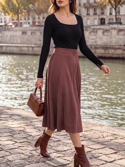 Belle Poque Women Suede Skirt High Waisted A Line Midi Skirts