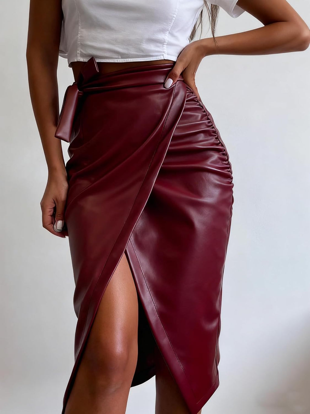 utcoco Womens Faux Leather Wrap Long Skirt Elegant Bodycon Midi Skirt