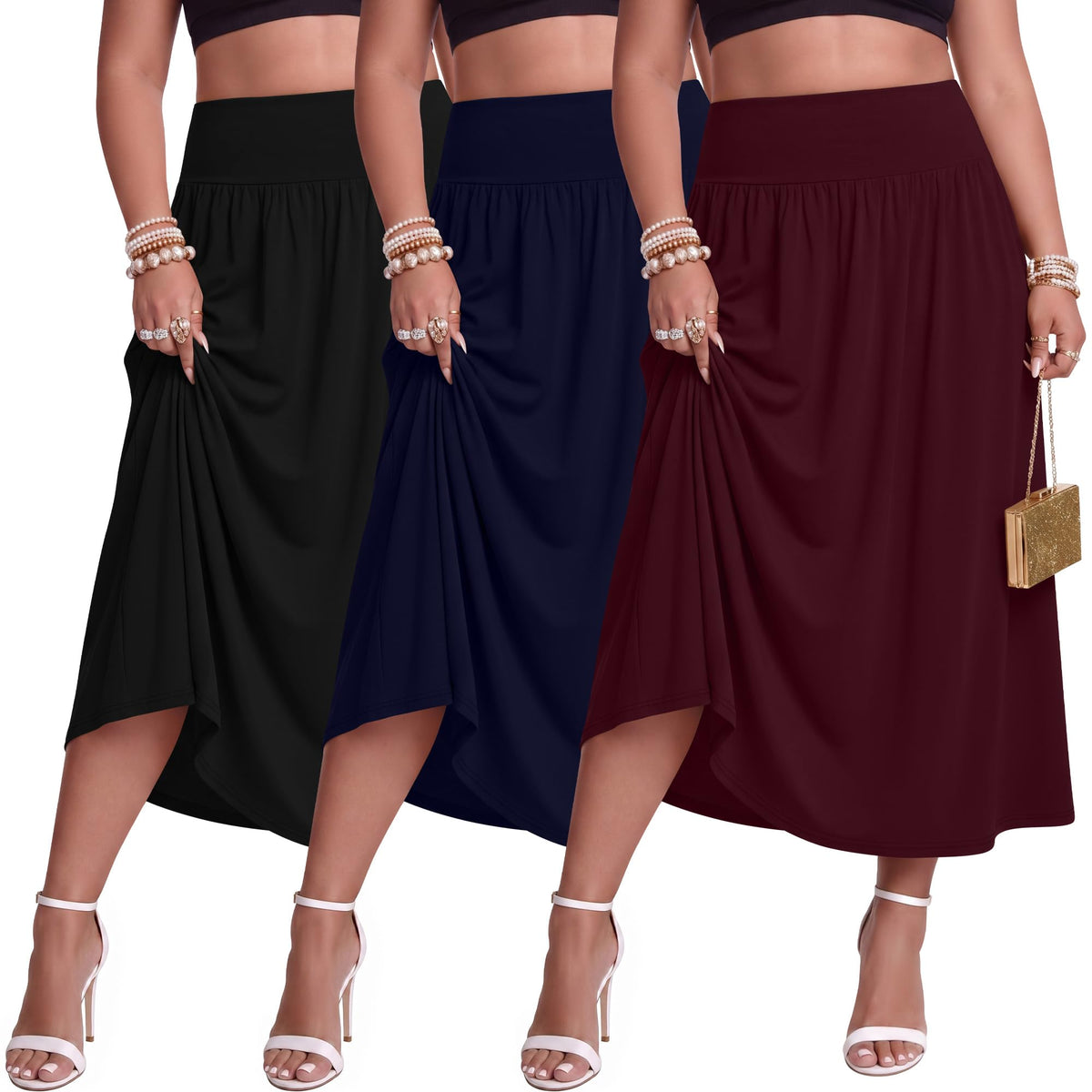 Ficerd 3 Pack Women Plus Size Skirts with Pockets