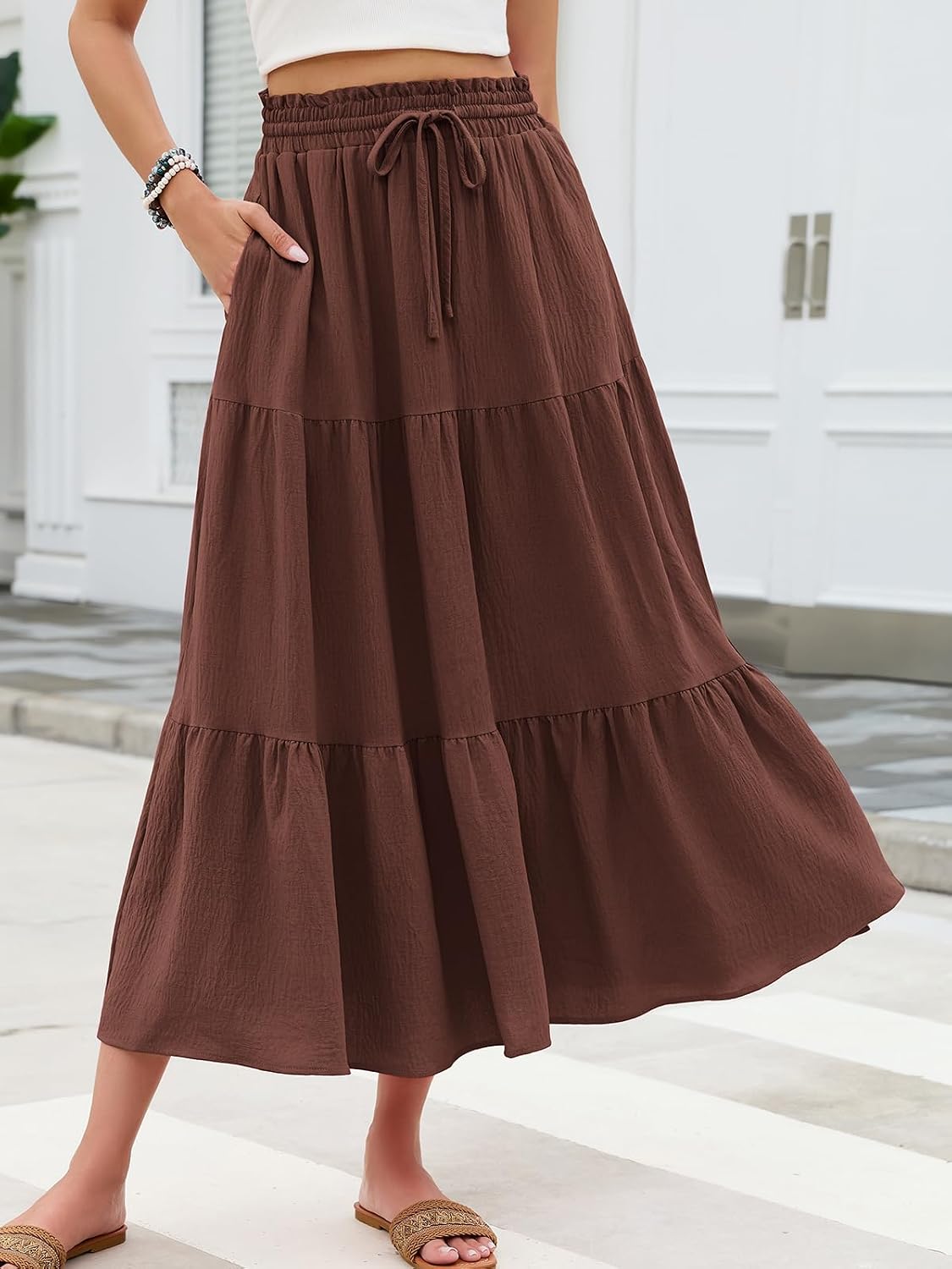 HUSKARY Women's Summer Long Maxi Flowy Tiered High Waist Trendy Ruffle Skirt with Pockets