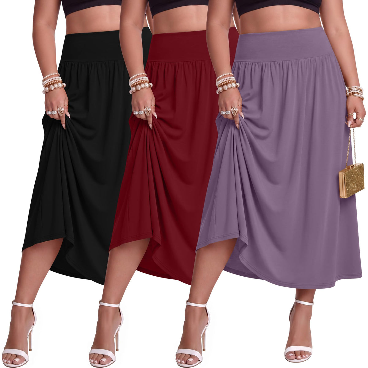Ficerd 3 Pack Women Plus Size Skirts with Pockets