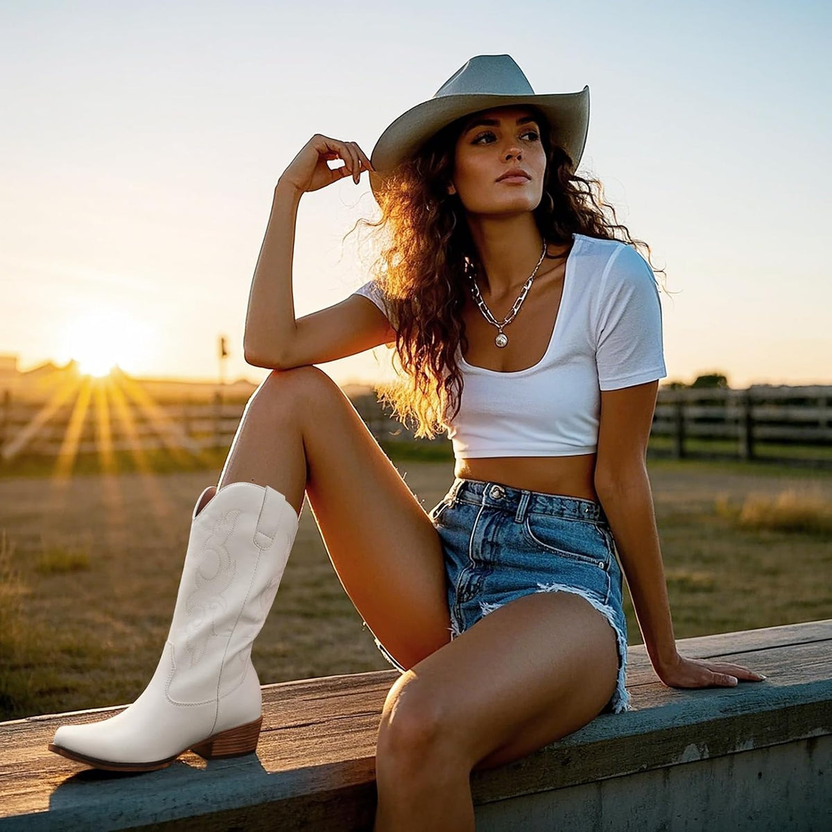 Choiran Cowboy Boots for Women - Mid Calf Cowgirl Boots Western Chunky Heel Pointed Toe Boot with Retro Embroidery, Country Concert Outfit Essentials for Rodeo Festival
