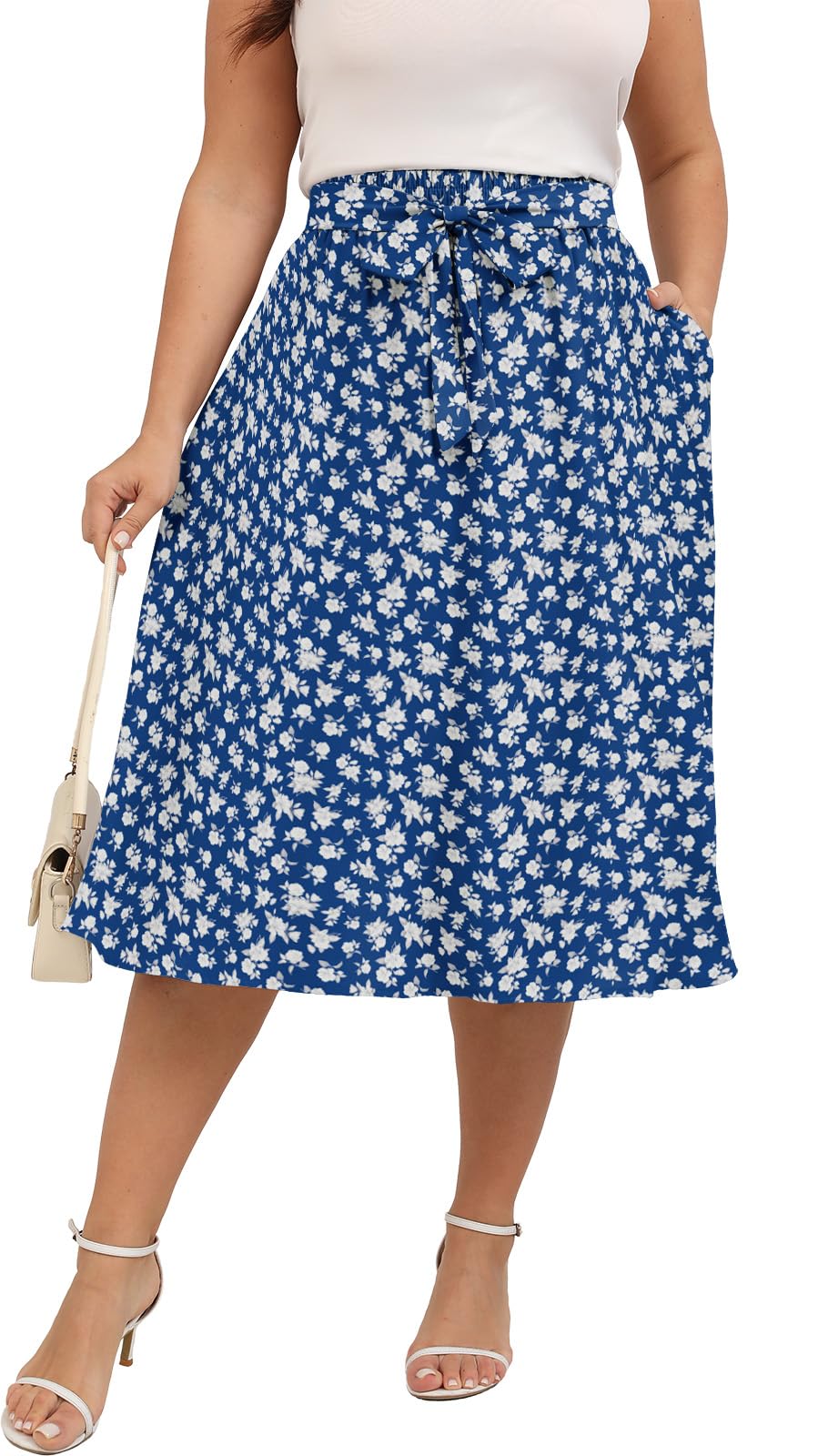 Xpenyo Womens Plus Size Midi Skirts Summer Elastic High Waisted Boho Casual Beach Flowy Swing Knee Length Skirts with Pockets