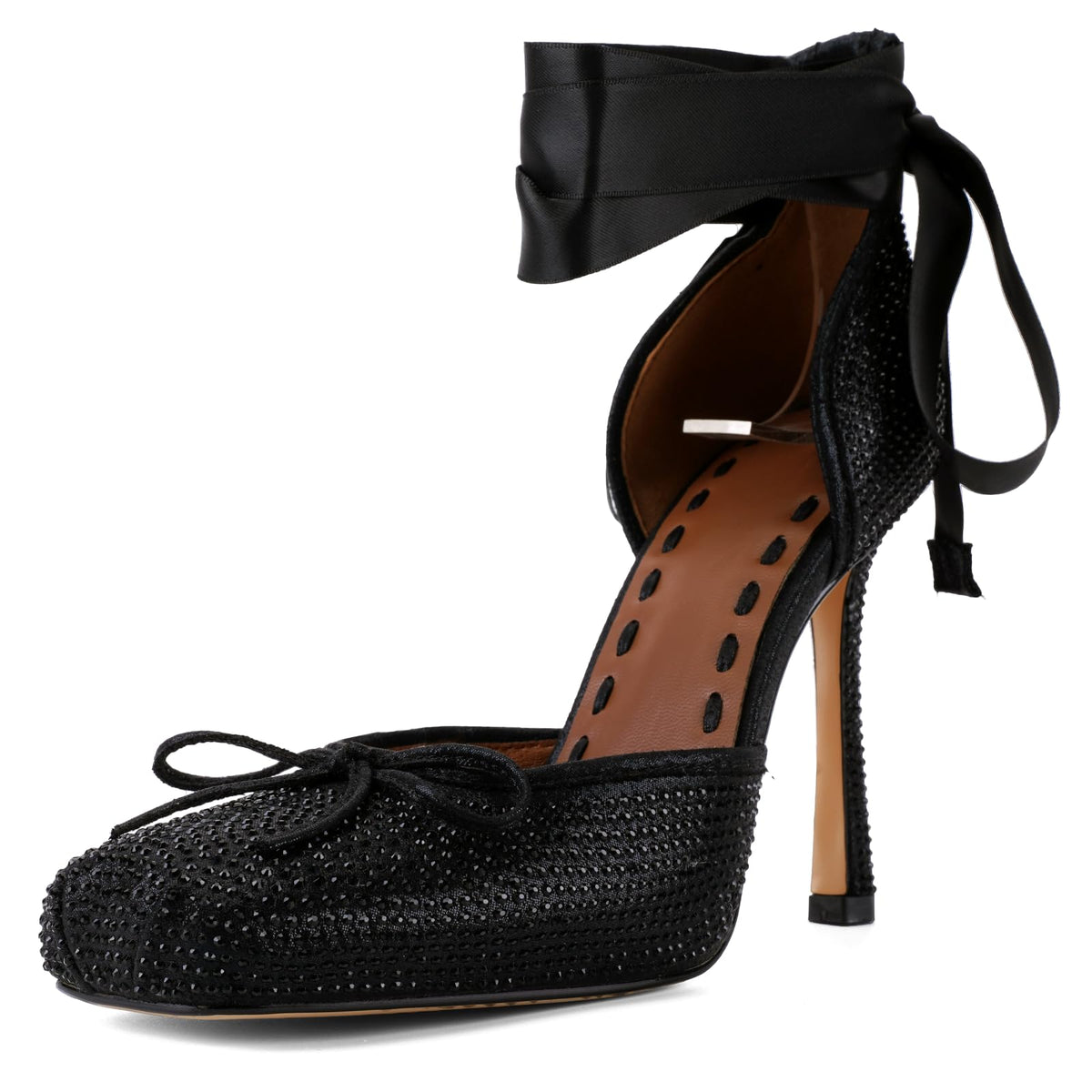 Women's Satin Ballet Heels, Lace-Up Square Toe Stiletto Pumps