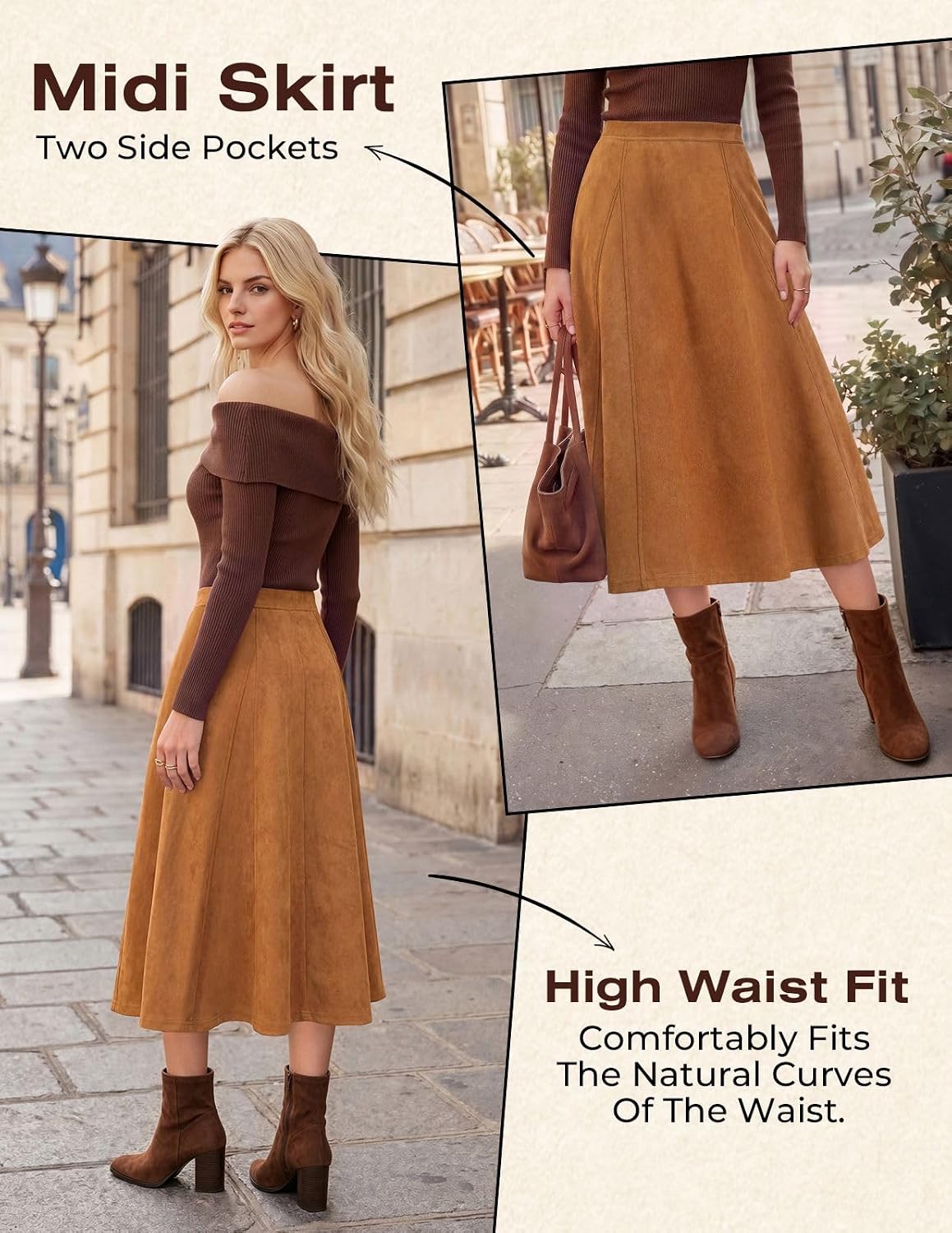 2026 Women's Suede Skirts, High Waist A-Line Skirt, Fall Winter Midi Skirt