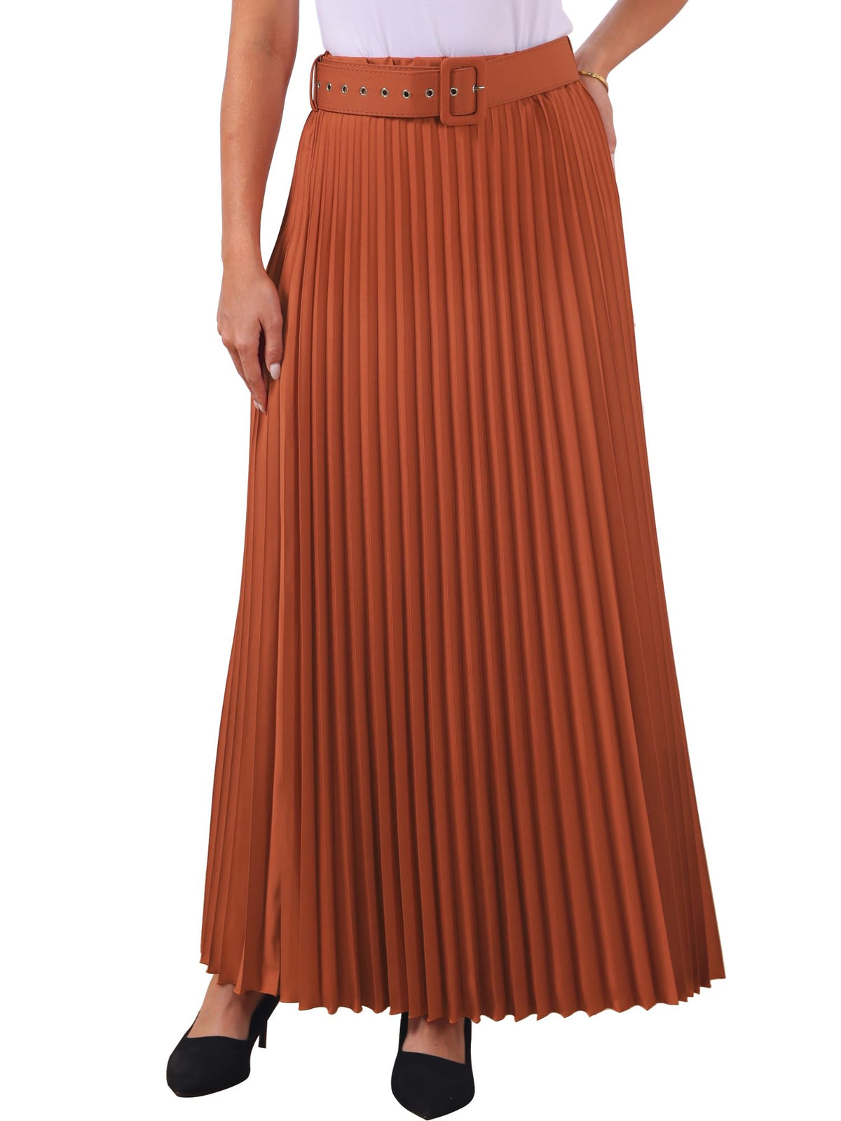 Allegra K Women High Waist Elastic Flowy A-Line Maxi Pleated Skirt