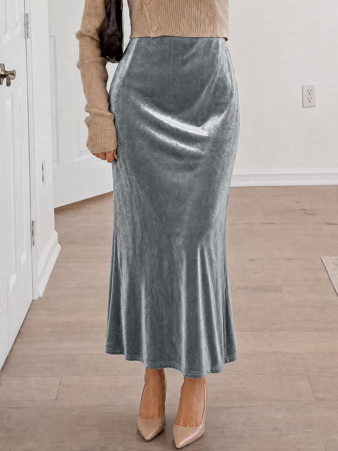 Cicy Bell Womens Velvet Maxi Skirt Fall High Waisted A-Line Long Skirts