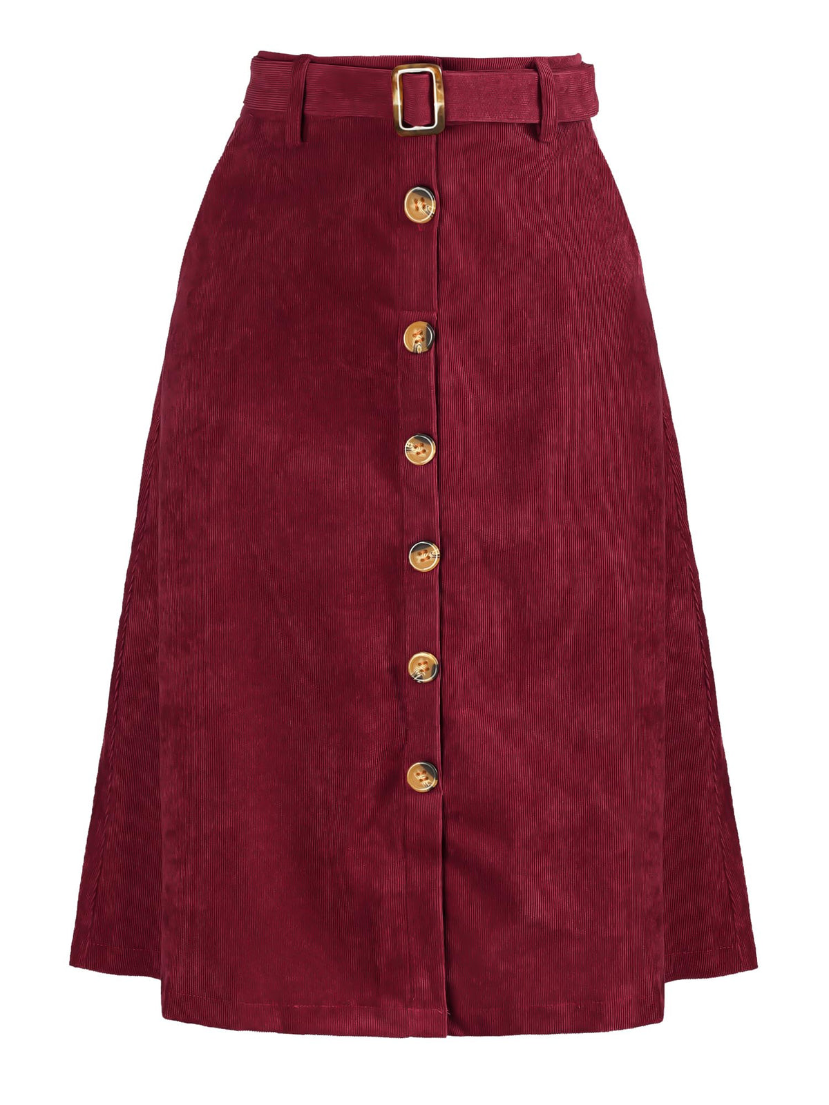 Allegra K Women's Button Front High Waist A-Line Belted Corduroy Midi Skirt
