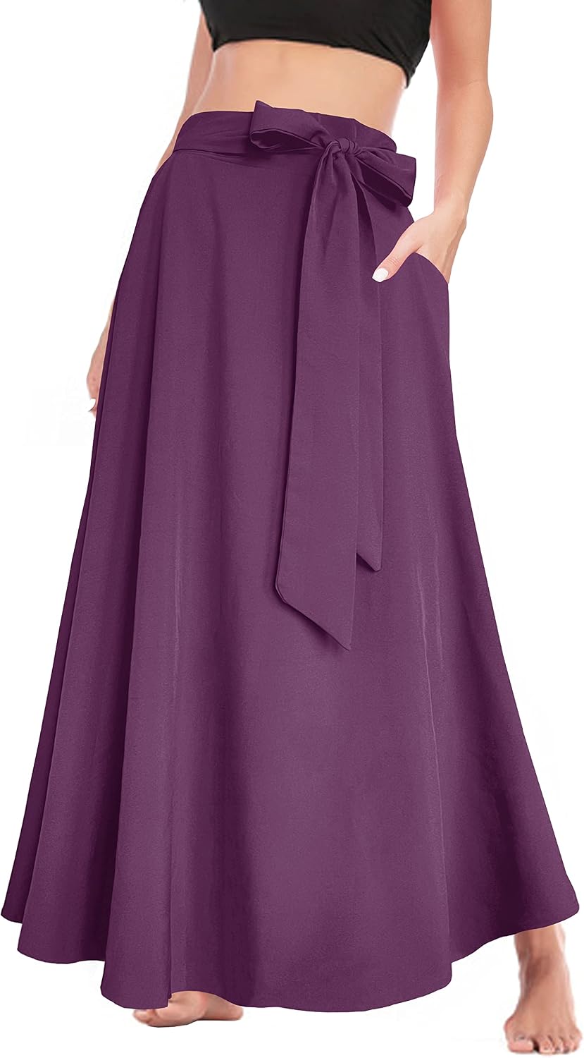Afibi Women's High Waist Skirt Tie Front A-Line Flowy Long Maxi Skirts with Pockets