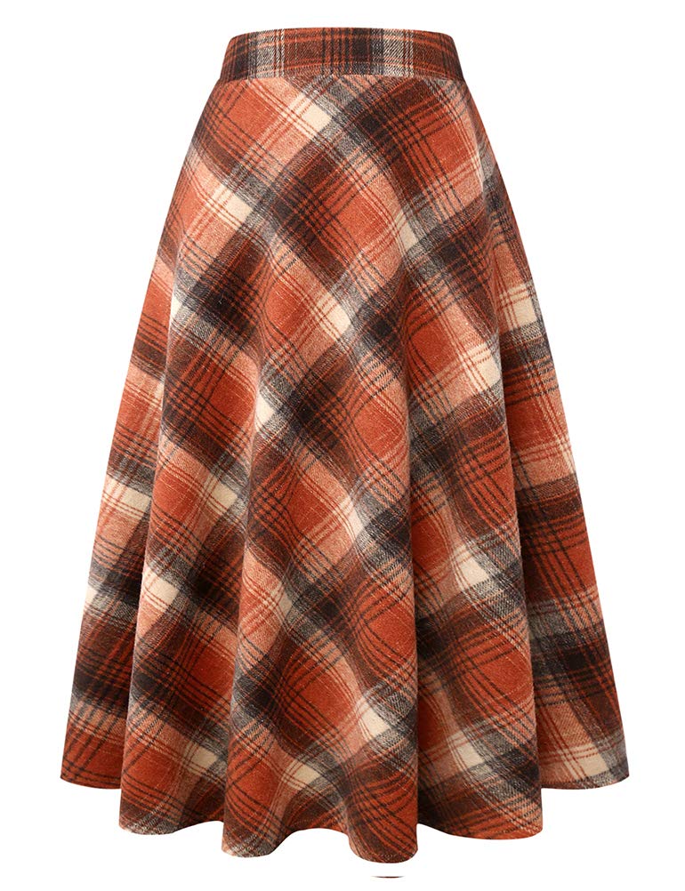 IDEALSANXUN Womens Plaid Wool Skirts Elastic Waist A-Line Pleated Tartan Long Skirts