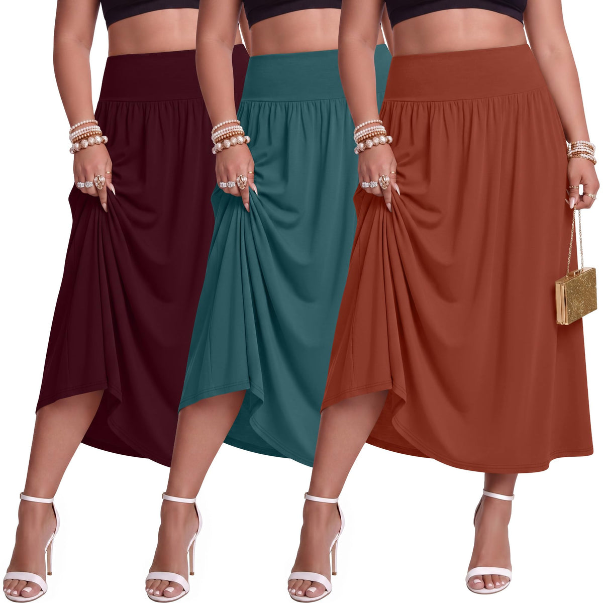 Ficerd 3 Pack Women Plus Size Skirts with Pockets