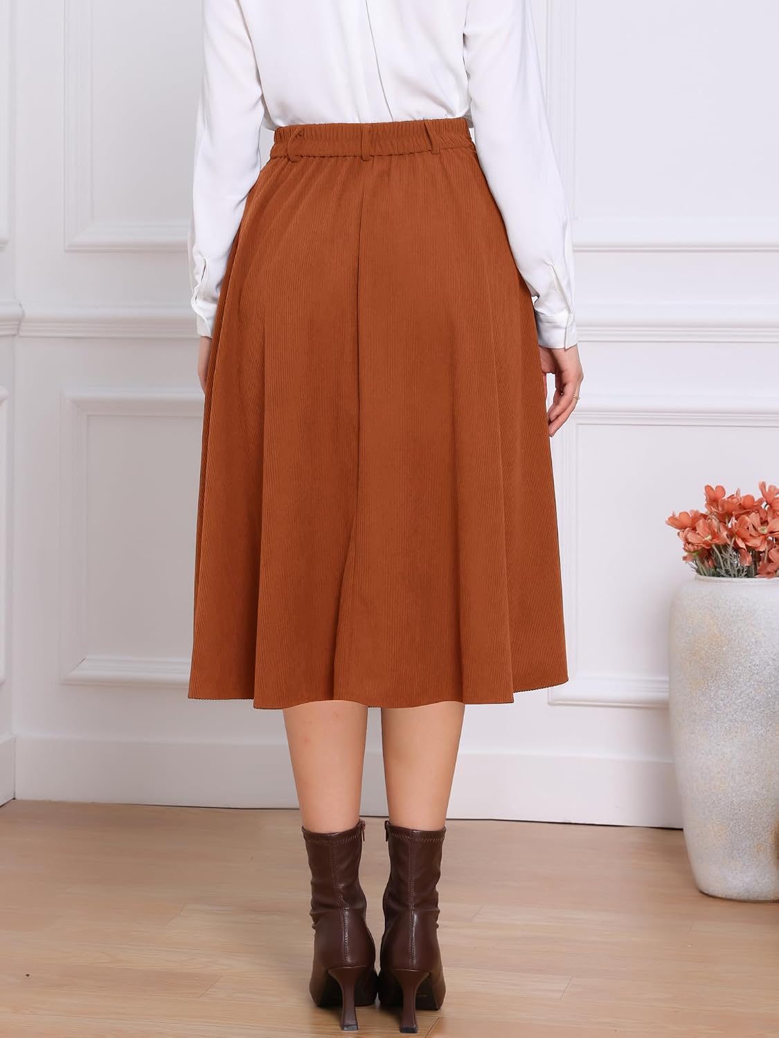 Allegra K Corduroy Skirt for Women Button Front High Waist Vintage Stretch A-Line Flared Casual Midi Skirts with Pockets