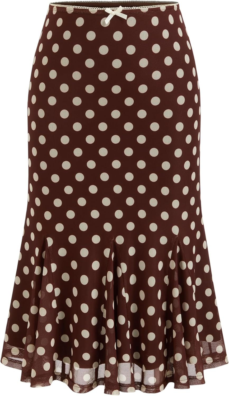 CIDER Womens Polka Dot Midi Skirt Bowknot Sheer Mesh Trendy Skirt