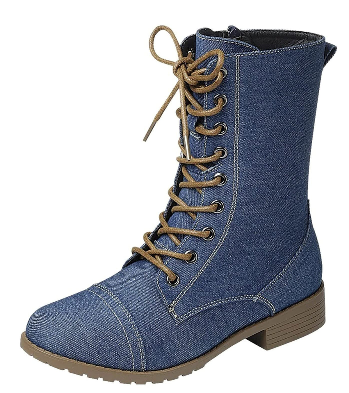 Forever Link Womens Round Toe Military Lace Up Knit Ankle Cuff Low Heel Combat Boots