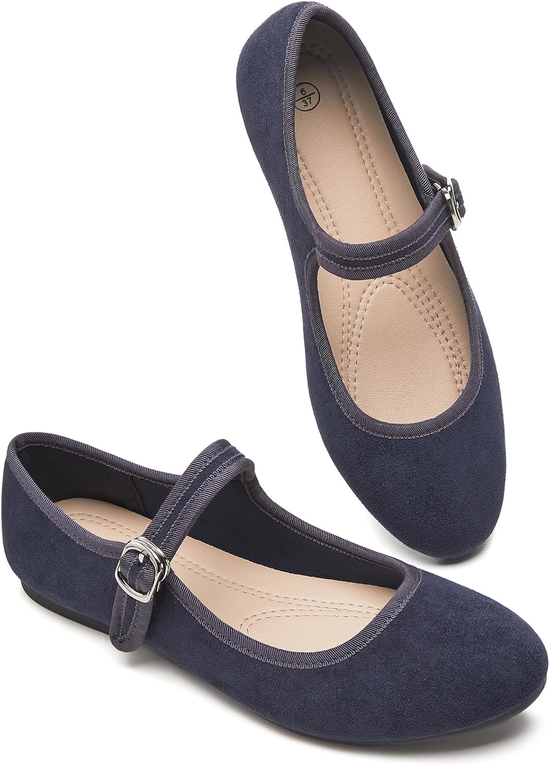 Womens Mary Jane Flats with strap,Faux Suede Black Flats,Casual Dressy Flat
