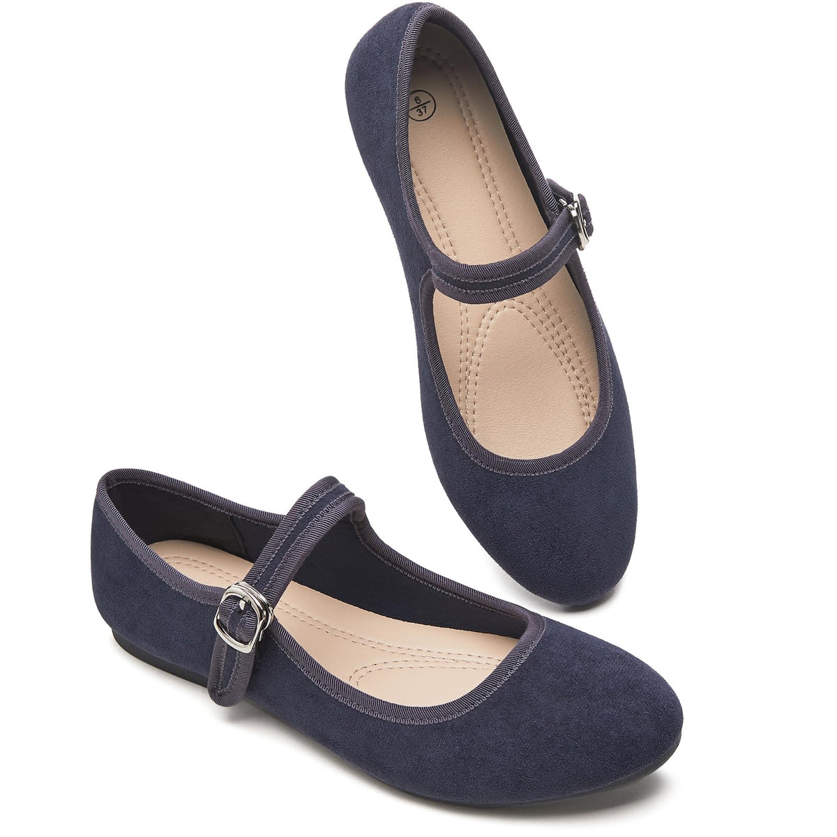 Womens Mary Jane Flats with strap,Faux Suede Black Flats,Casual Dressy Flat