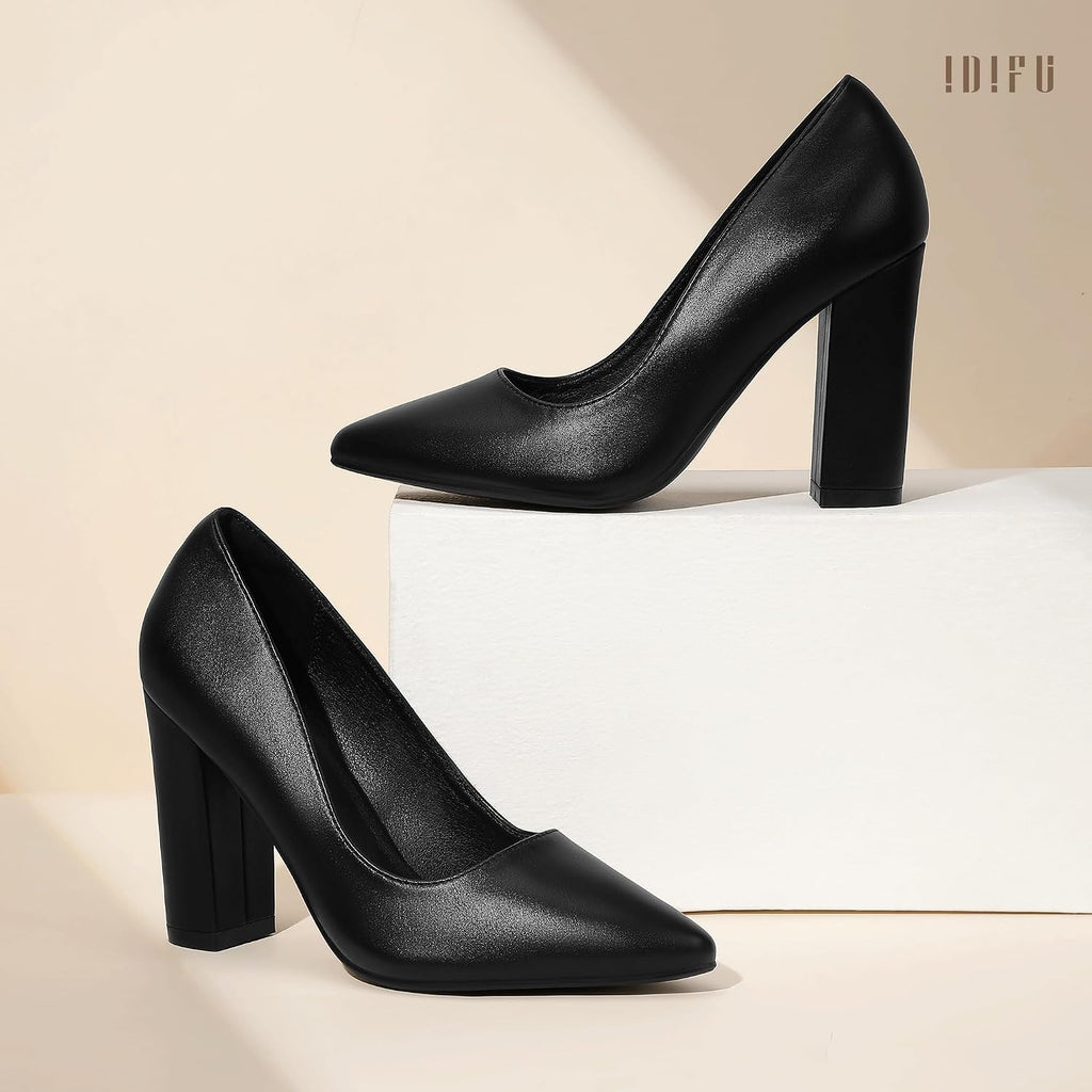 IDIFU Women's IN4 Chunky High Heels Closed Pointed Toe Pumps