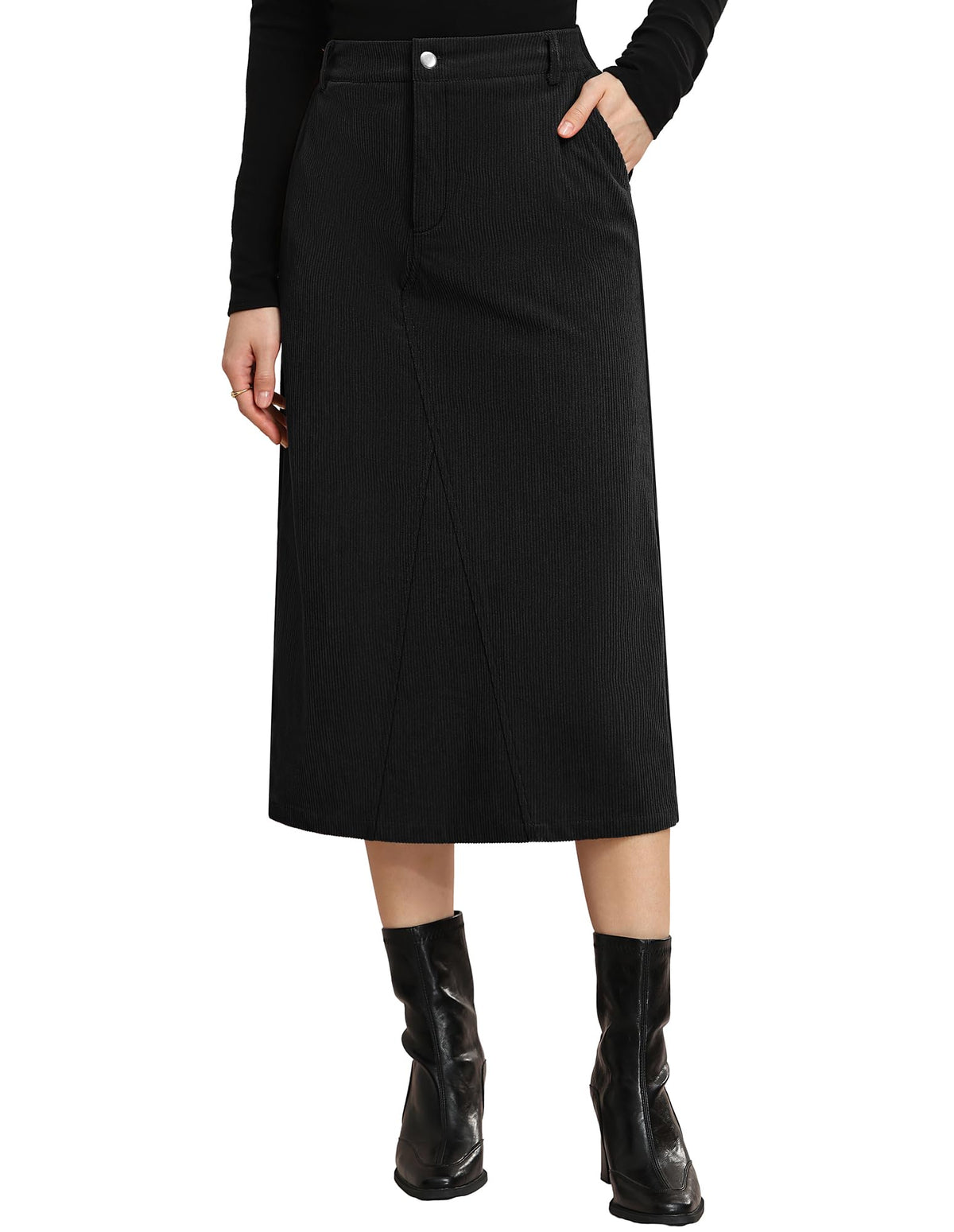 Kate Kasin Women Corduroy Midi Skirts, Fall High Waist Skirt with Pockets