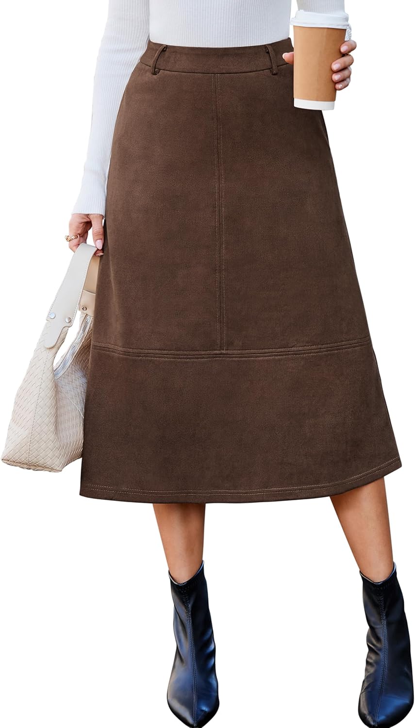 Simplee Womens Faux Suede Midi Skirts 2026 Fall Outfits Long A Line Skirt