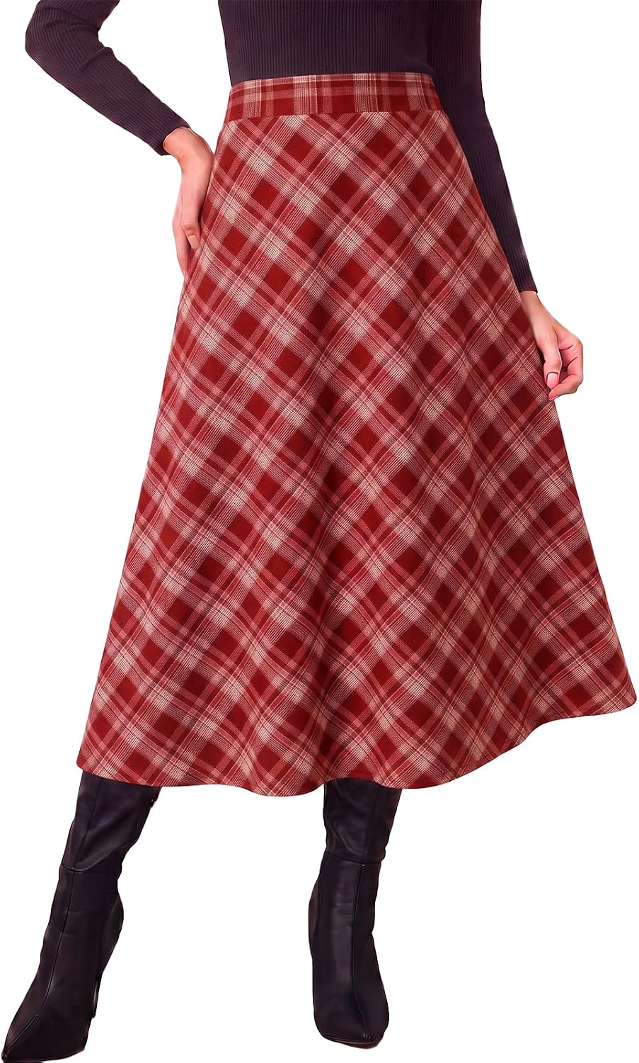 Tankaneo Womens Plaid Long Skirts Elastic Waist A-line Maxi Skirt 2026