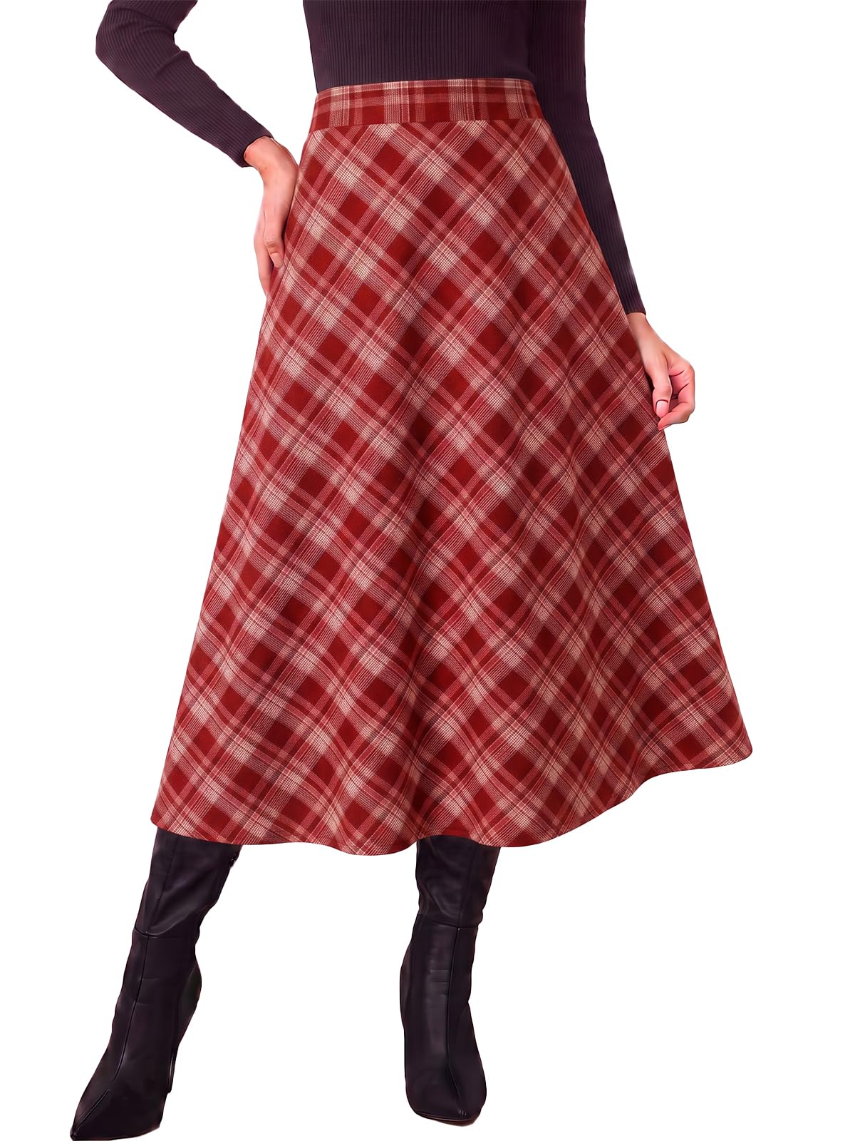 Tankaneo Womens Plaid Long Skirts Elastic Waist A-line Maxi Skirt 2026