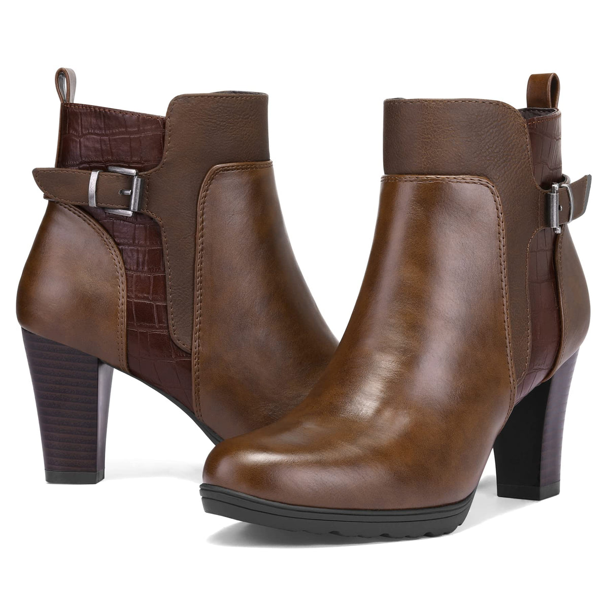 mysoft Women's Chunky Stacked Heel Ankle Boots Zipper Buckle Booties