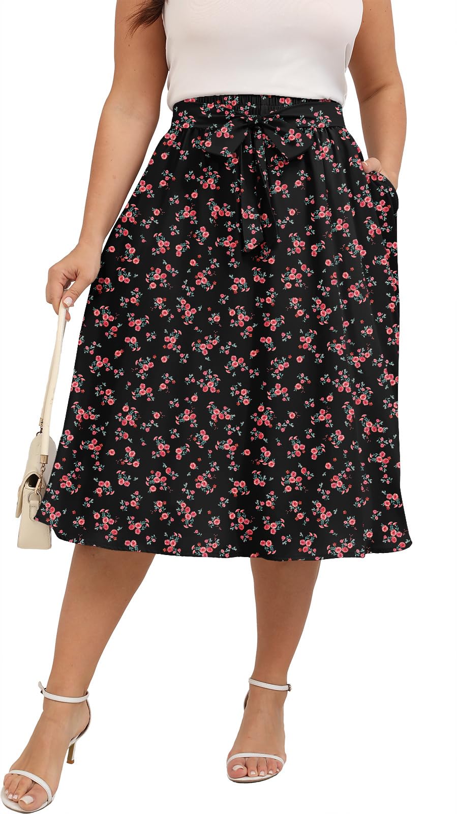Xpenyo Womens Plus Size Midi Skirts Summer Elastic High Waisted Boho Casual Beach Flowy Swing Knee Length Skirts with Pockets