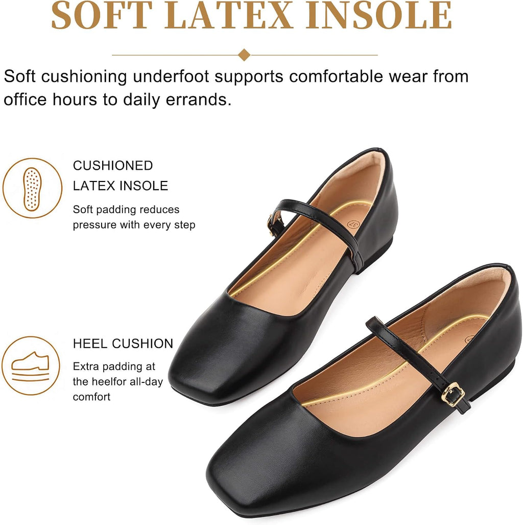 Womens Ballet Flats Mary Jane Shoes Square Toe Adjustable Strap Dress Shoes