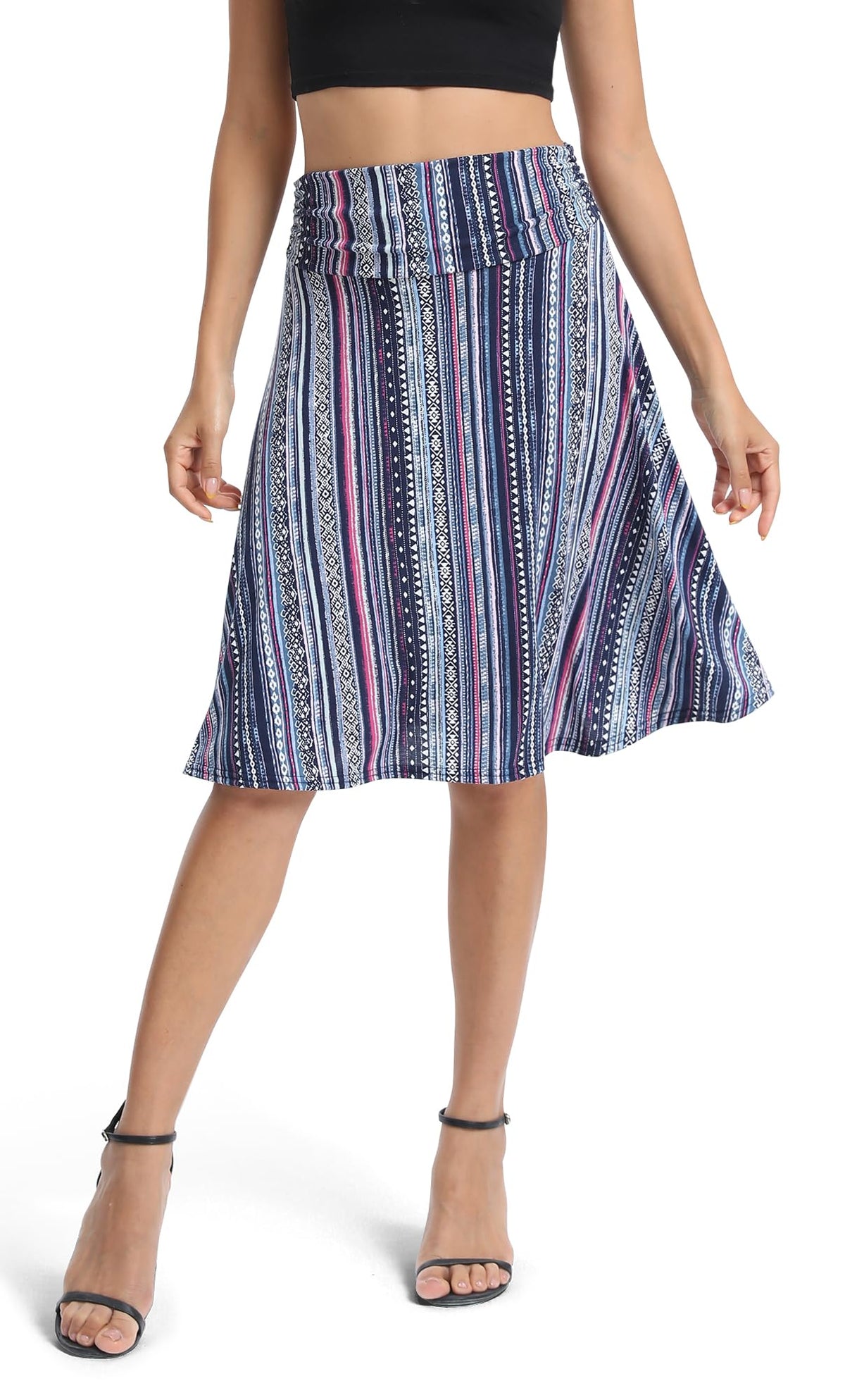Urban CoCo Women's Ruched High Waist Knee Length Jersey A-Line Stretchy Flared Casual Skirt